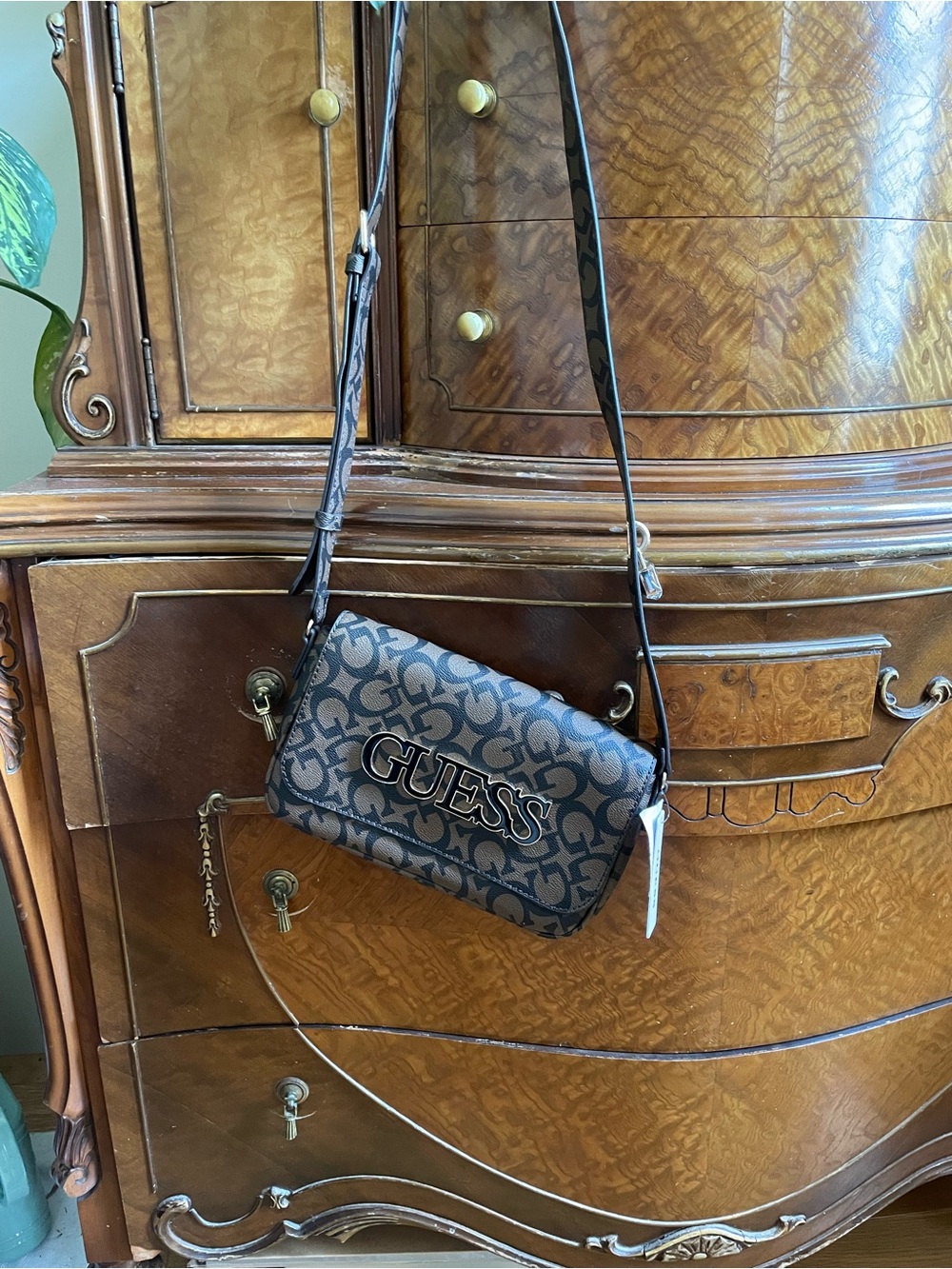 GUESS Brown Logo Monogram Crossbody Bag
